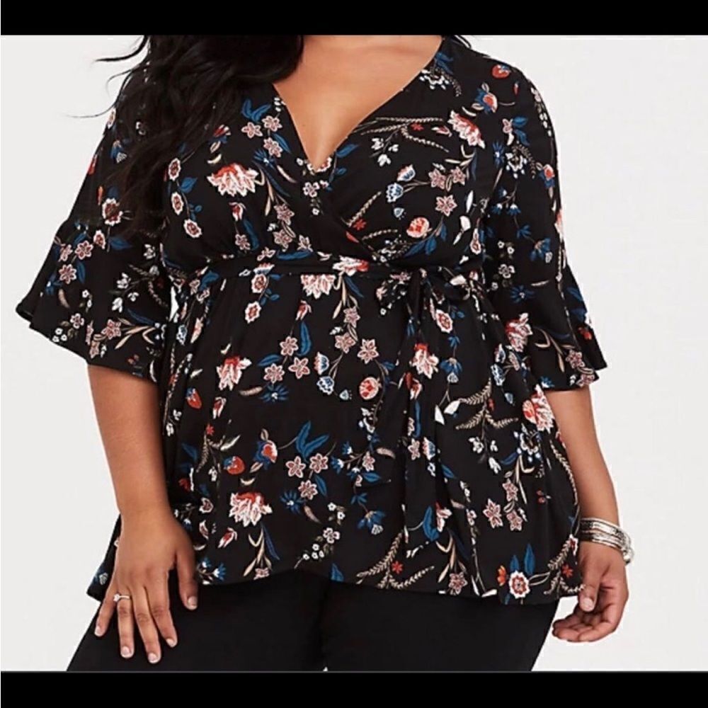 torrid Black Floral Wrap Blouse